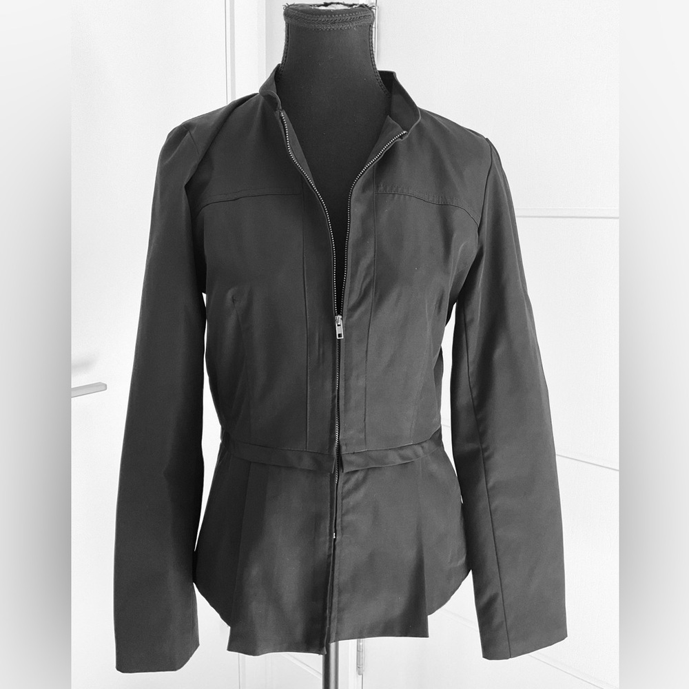 Cynthia Rowley Deep Black Jacket with pleated skirting & Pockets.